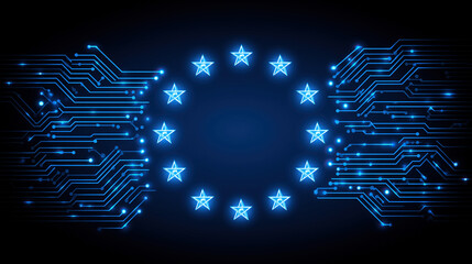 Glowing circuitry surrounds emblem signifying connected continent embracing modern transformation.