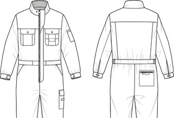 Industrial, coverall, jumpsuit, technical, flat, illustration, front, and, back, view, workwear, uniform, design, blueprint, vector, fashion, garment, sketch, isolated, white, © Mursalatun