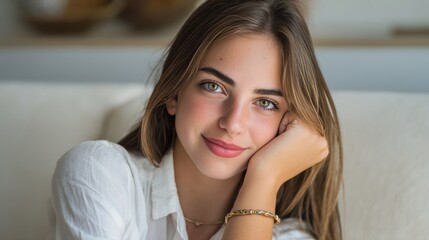 Young woman smiles in bright room