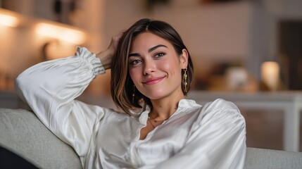 Smiling woman sitting on couch