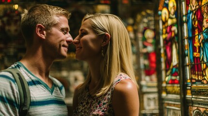 Obraz premium romantic illustration of a couple posing for a photo, with the ornate stained-glass window of a Christian church creating a vibrant, colorful backdrop. Their faces are softly illuminated by 