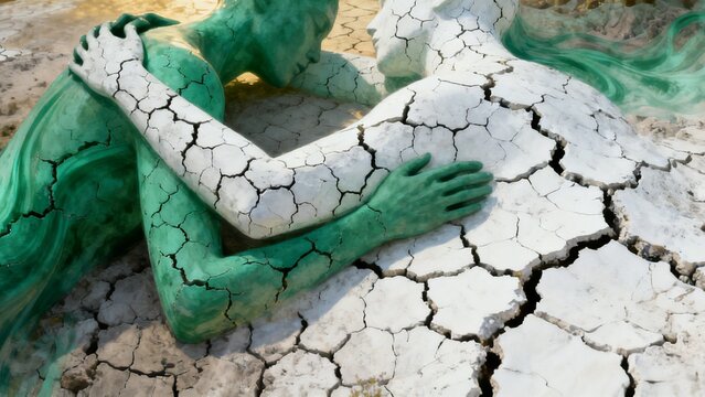 Cracked green and white statues embracing on dry fractured earth viewed from above