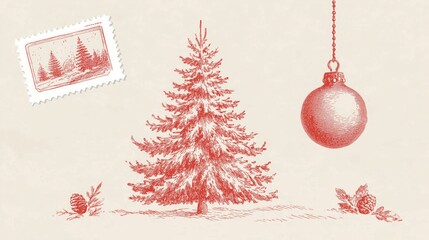 Red hand-drawn Christmas tree, hanging ornament, pinecones and forest stamp on light beige textured background, vintage festive holiday decor for Xmas seasonal celebration.
