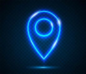 Neon map pin on a transparent dark blue background. A glowing neon marker with a contour pointer map pin. Vector EPS 10.