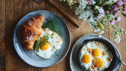 Breakfast with croissant and eggs