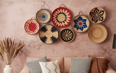 Bohemian wall display featuring woven baskets and decorative plates on a pink wall above a sofa with pillows