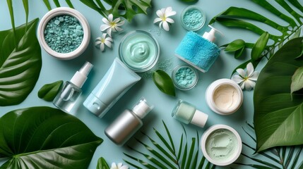 Minimalist flat lay of skincare products on soft pastel background for beauty and wellness aesthetic