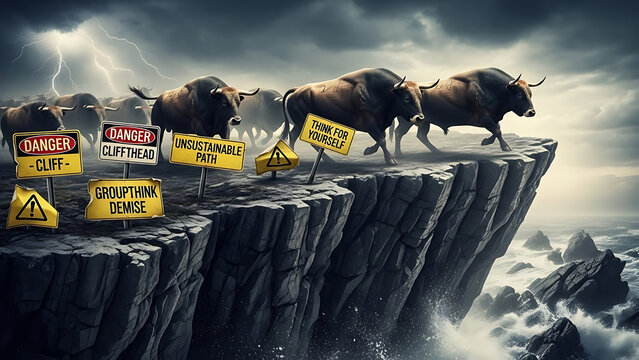 Following The Herd Danger as groupthink with a group of bulls heading to their demise with warning s