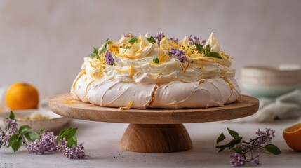 Dessert on a wooden stand with fruit