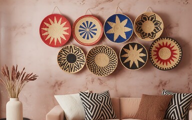 A photograph of a bohemian interior featuring decorative plates on a wall above a sofa with patterned cushions in a cozy living room