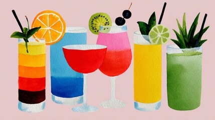 A colorful array of drinks in glasses, including a blue drink, a red drink, and a green drink