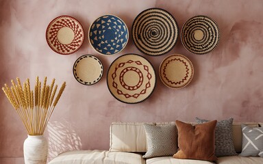A stylish living room interior featuring decorative plates on a pink wall with a comfortable couch and patterned pillows