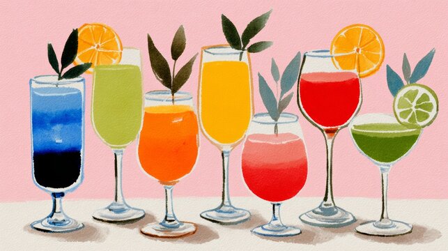 A colorful array of drinks in glasses, including wine, orange juice, and lemonade. The glasses are arranged in a row, with some taller and some shorter. Concept of variety and abundance