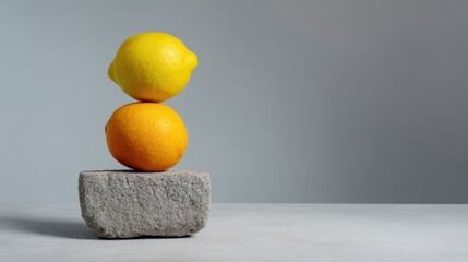 Two fruits stacked on a block