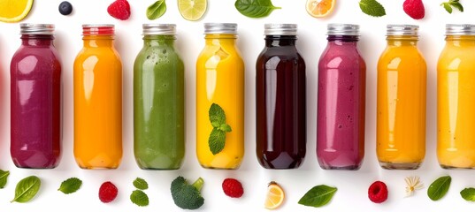 Vibrant healthy food flat lay featuring fruits, vegetables, and smoothies in modern wellness style