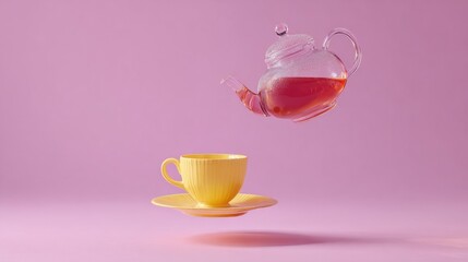 Tea being poured into a yellow cup