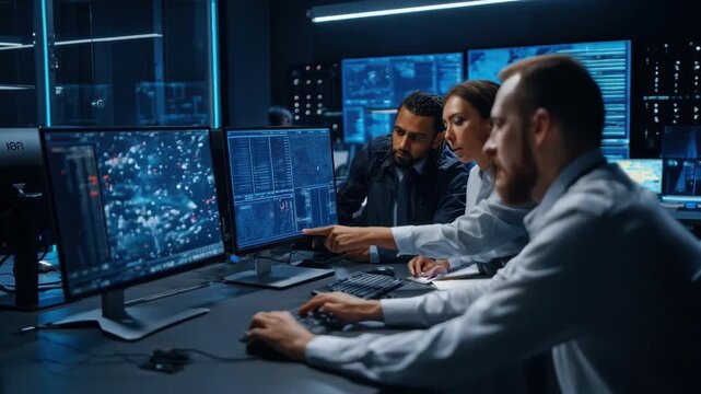 Medium shot of government cybersecurity officers reviewing breach reports and updating security frameworks in a secure operations room.