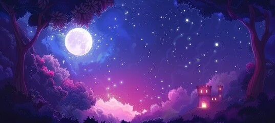 Eerie night sky above ruins  enchanting castle silhouette under glowing moon and mist