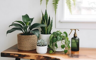 A serene indoor scene featuring several potted plants on a wooden table near a window