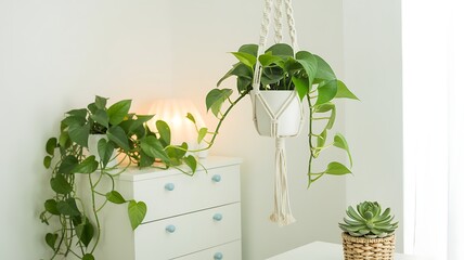 A bright minimalist interior photograph featuring plants, dresser, and soft lighting in a serene environment from a frontal viewpoint