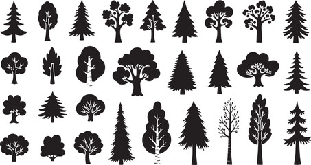 Fototapeta premium Collection of stylized tree icons Pine oak and fir nature symbols isolated on white 