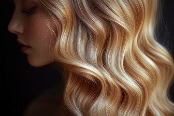 Fototapeta premium Beauty blonde girl with long shiny wavy hair captured in soft lighting showcasing elegance and grace, perfect for fashion and beauty enthusiasts highlighting natural beauty