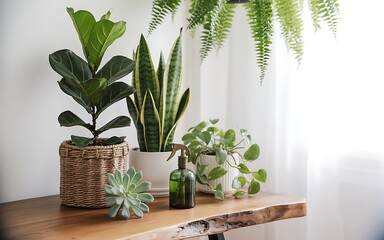 A bright minimalist interior scene with plants and decor on a wooden table