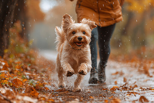 Energetic small dog runs through puddles on a rainy autumn path, with water splashes and colorful fallen leaves, accompanied by a person in a coat and boots.