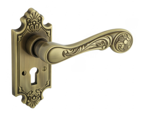 A gold door handle with ornate on black brass decorative isolated on a transparent background
