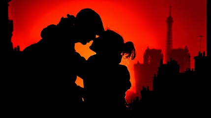 Obraz premium of a couple taking a picture together at sunset in front of a large cathedral, sky glowing in orange and red, romantic and spiritual atmosphere, copy space on right couple silhouette, sunset 