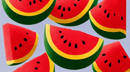 A watermelon drawing with many slices of watermelon. The slices are in different sizes and are scattered all over the image