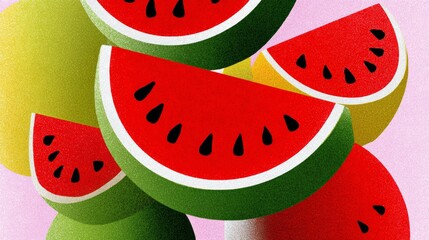 A watermelon is cut into slices and placed on top of another watermelon. The slices are green and red, and the watermelon is surrounded by a pink background. Concept of freshness and summertime