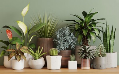 A serene arrangement of potted plants on a wooden surface against a soft green background