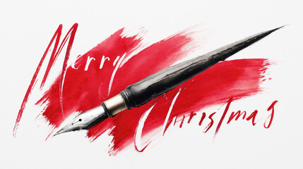 Merry Christmas message in red calligraphy with black fountain pen resting on bold red brushstroke background, set against white surface for festive holiday greeting design.