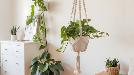 A collection of indoor houseplants arranged in a serene and minimalist interior space with a hanging planter and potted plants on a dresser and table