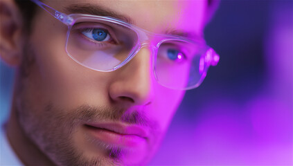 Close-up portrait of a young man wearing eyeglasses in purple neon light, concept of modern technology, creativity, cybersecurity, and digital identity with copy space.