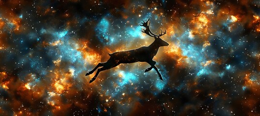 Santa claus soars over a snowy town at night with reindeer silhouetted against a starry sky