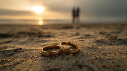 Couple stands on beach at sunset