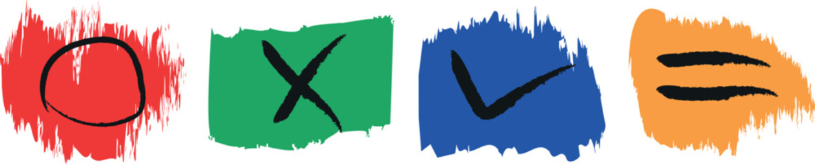 Obraz premium Abstract Brush Stroke Check Mark, Cross, Plus, and Minus Symbol Icon Vector Set, Designed with Rough Hand-Painted Lines for Minimal, Creative, and Contemporary Visual Communication