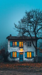 Eerie halloween haunted house with glowing windows set against a foggy night s cinematic horror vibe