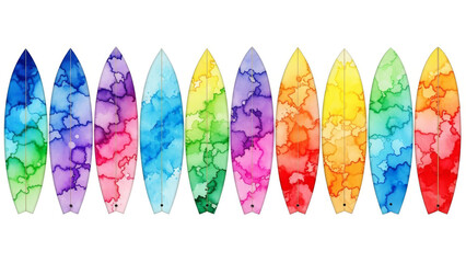 Row of Vibrant Rainbow Watercolor Surfboards Isolated on White Background