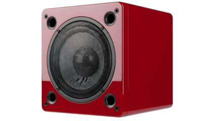 Red speaker with black mesh grille and four ports isolated on a transparent background subwoofer audio equipment