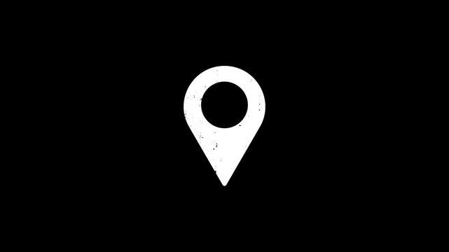 Animated white map marker icon with a distressed grunge texture for vintage travel maps navigation apps on a black background for video projects.
