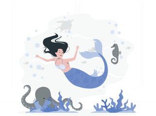 Cartoon mermaid swimming with sea creatures ocean underwater desig