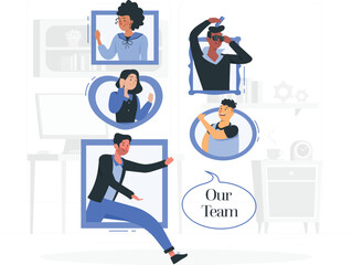 Cartoon office team members stepping out of screens people