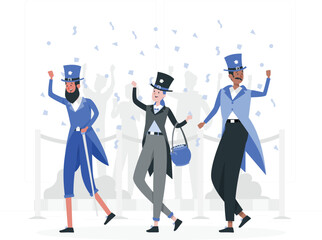 Cartoon people celebrating with confetti and hats celebration desi