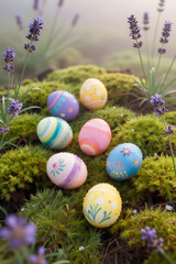 Fototapeta premium Colorful Painted Easter Eggs in Moss with Lavender Flowers