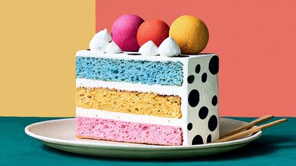 A colorful cake with a white base and a blue middle layer. The cake is topped with colorful balls and has a polka dot design