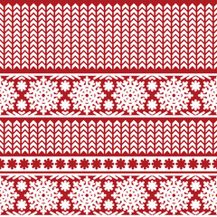 Red and white knitted sweater Christmas seamless pattern. Christmas seamless pattern with holiday decorations and symbols. Vector illustration.