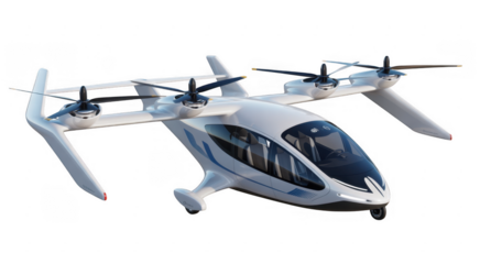 A white and blue flying car with propellers on black aircraft isolated on a transparent background